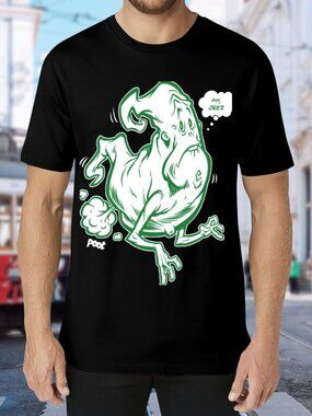 Black Tee with Green & White Cartoon Ghost Graphic